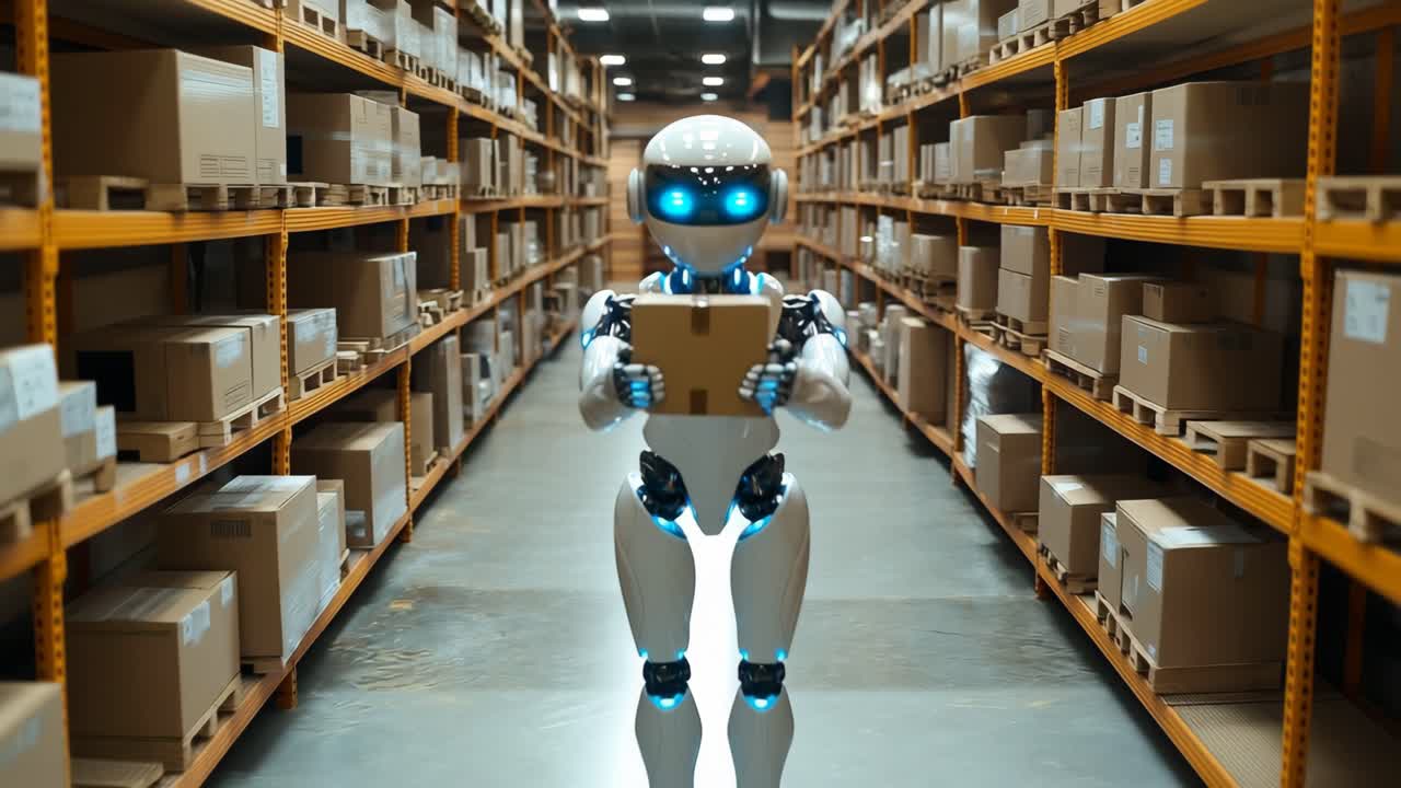 Robotic automation in a busy warehouse. A humanoid robot transports a package in a large warehouse filled with neatly stacked boxes during daylight.