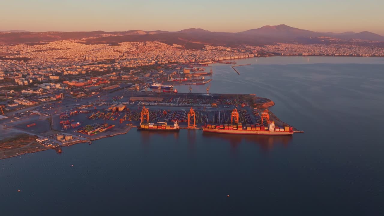 Magisk solnedgång i Thessalonikis hamn, Grekland, med hav och containerfartyg