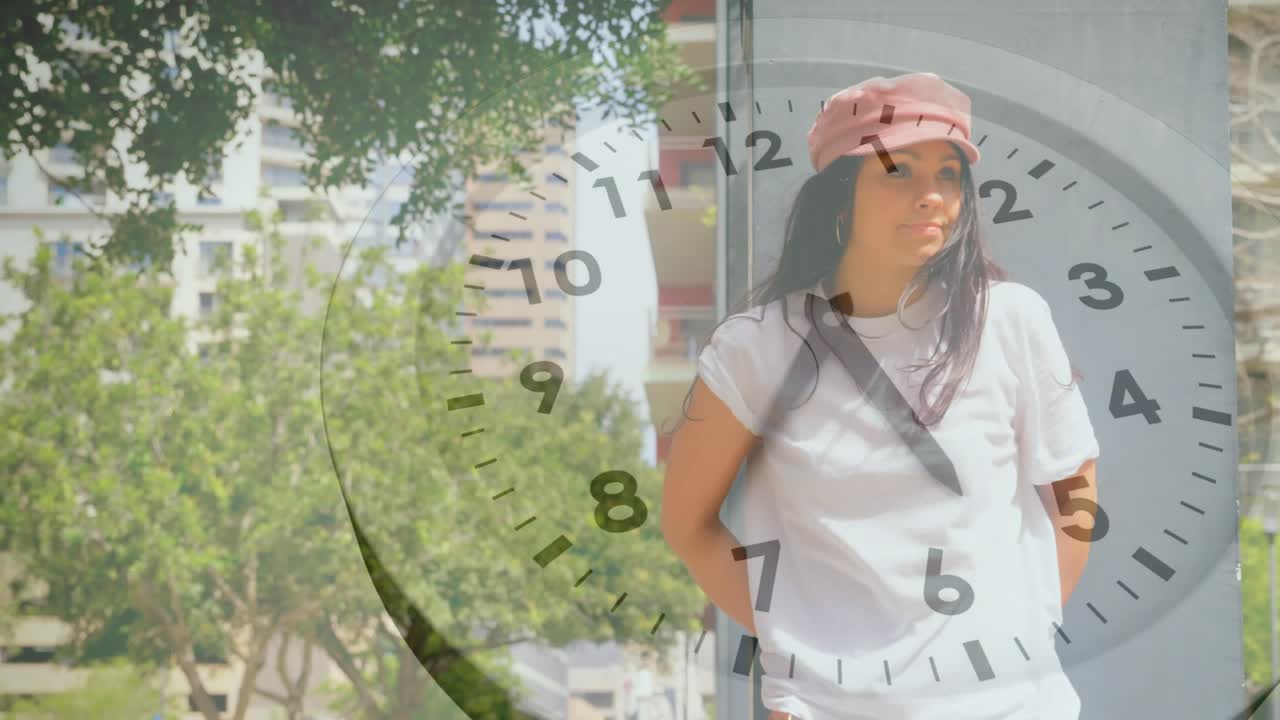 Woman arriving, leaning against pillar, adjusting strap while clock overlay showing urban design