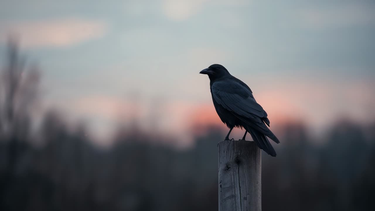 Reacting to breeze black crow scanning on wooden post at dusk launching into flight, copy space