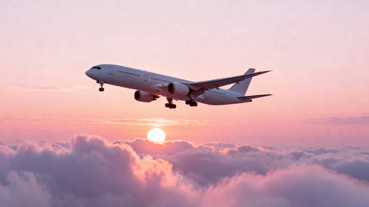 Sole basso che segnala la discesa, grande bireattore in volo che scende verso le cime delle nuvole, carrello esteso.