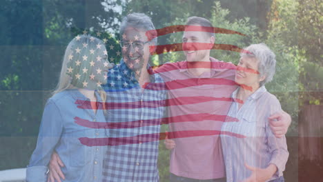 animation of flag of united states of america waving over smiling caucasian family