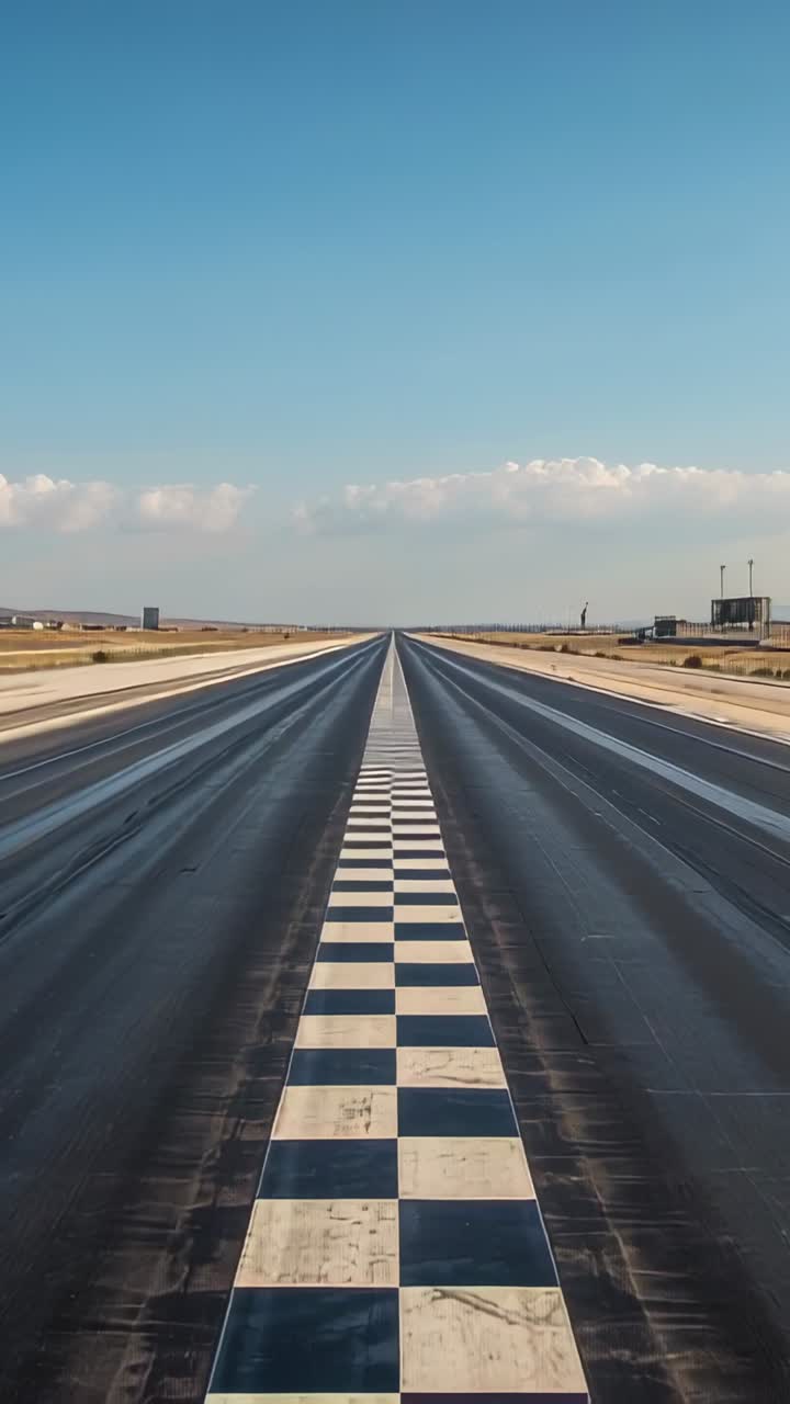 Vertical video: Opening view on empty drag strip start line, capturing guard rails, shifting clouds