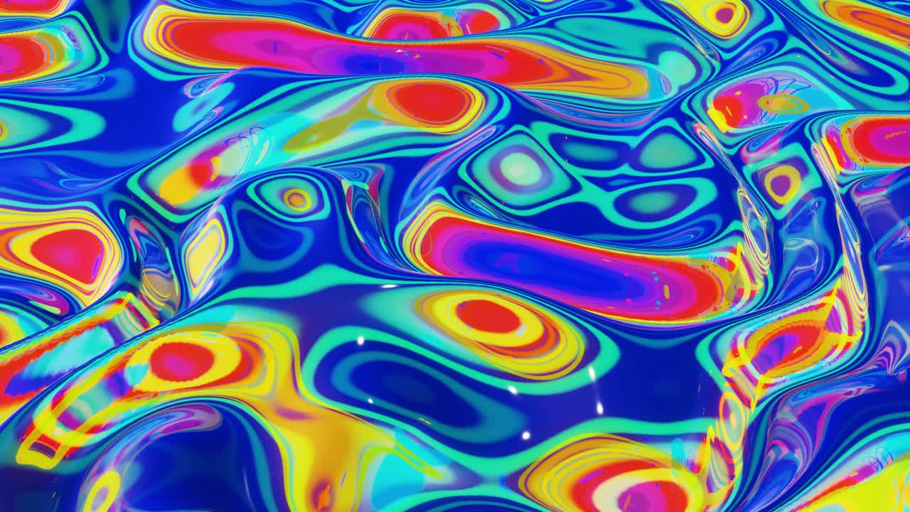 Liquid pattern like waves in looped motion. 3D stylish abstract iridescent bg of wavy surface like brilliant liquid glass with rainbow beautiful gradient colors. 4k trendy colorful fluid animation.