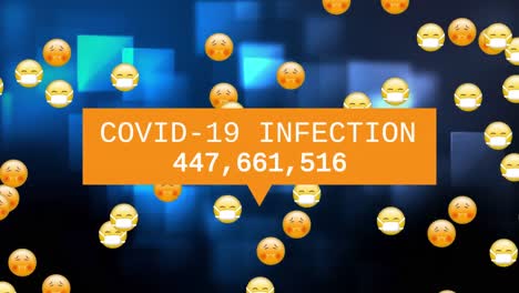 Worte-„Covid-19-Infektion“-Mit-Wachsenden-Zahlen,-Geschrieben-über-Einer-Gruppe-Von-Emojis,-Die-Auf-Blauem-Hintergrund-Fliegen