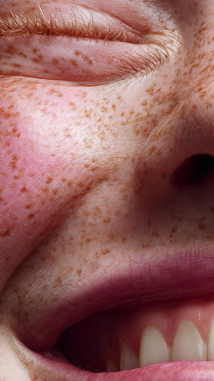 A Close-Up Focus on Facial Features Highlighting Freckles and Expressive Happiness Captured in Two Moments of Joyful Facial Reactions