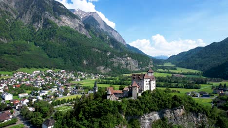 Aerial-Pan-in-of-White-European-Gutenberg-Castle-in-the-mountains