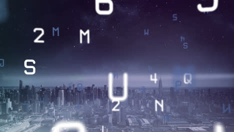 animation of falling numbers and letters over cityscape