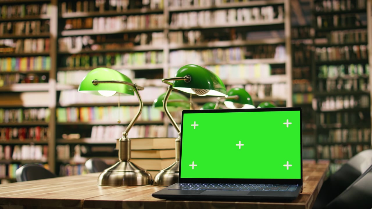 Isolated green screen mockup on laptop inside empty library