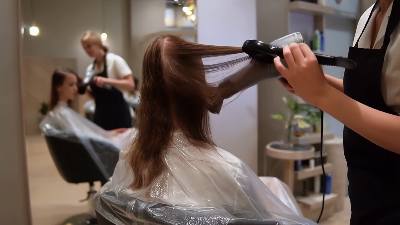 Hairstylist blow-drying a client's hair in a salon