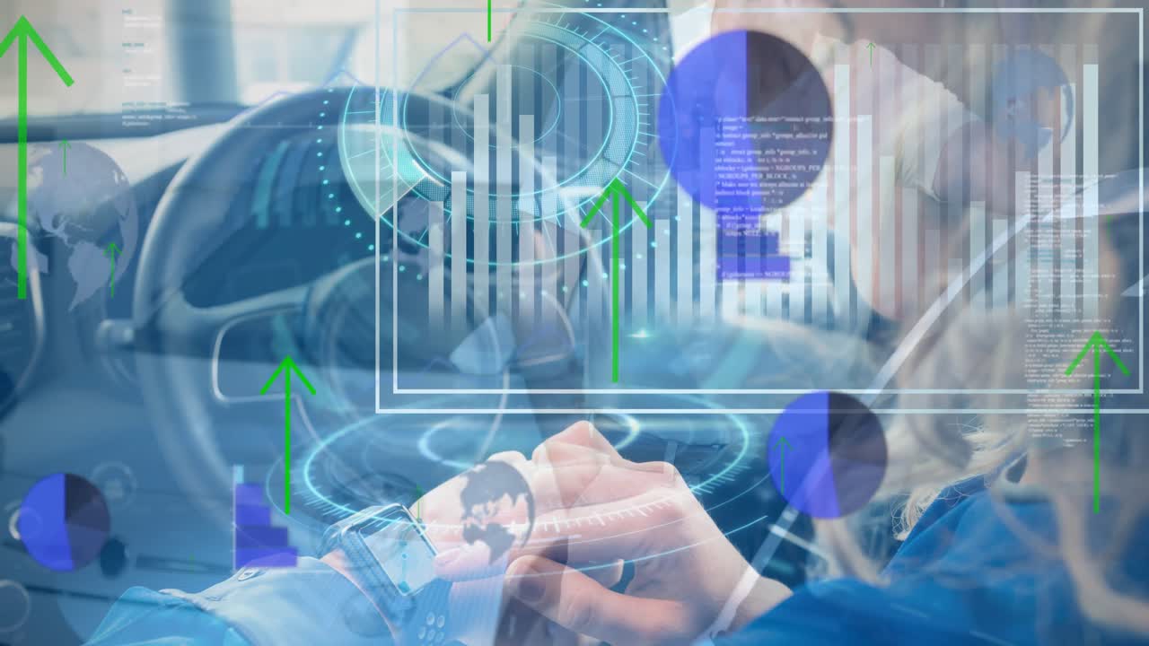 화살표의 애니메이션, 다양한 데이터, 그래프 및 스피도미터 자동차에서 백인 여성