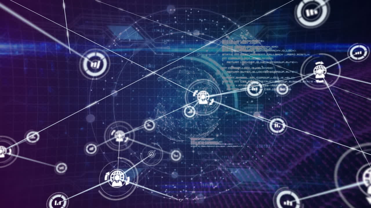 animación de iconos conectados, puntos que forman globos y lenguaje informático contra un fondo abstracto.