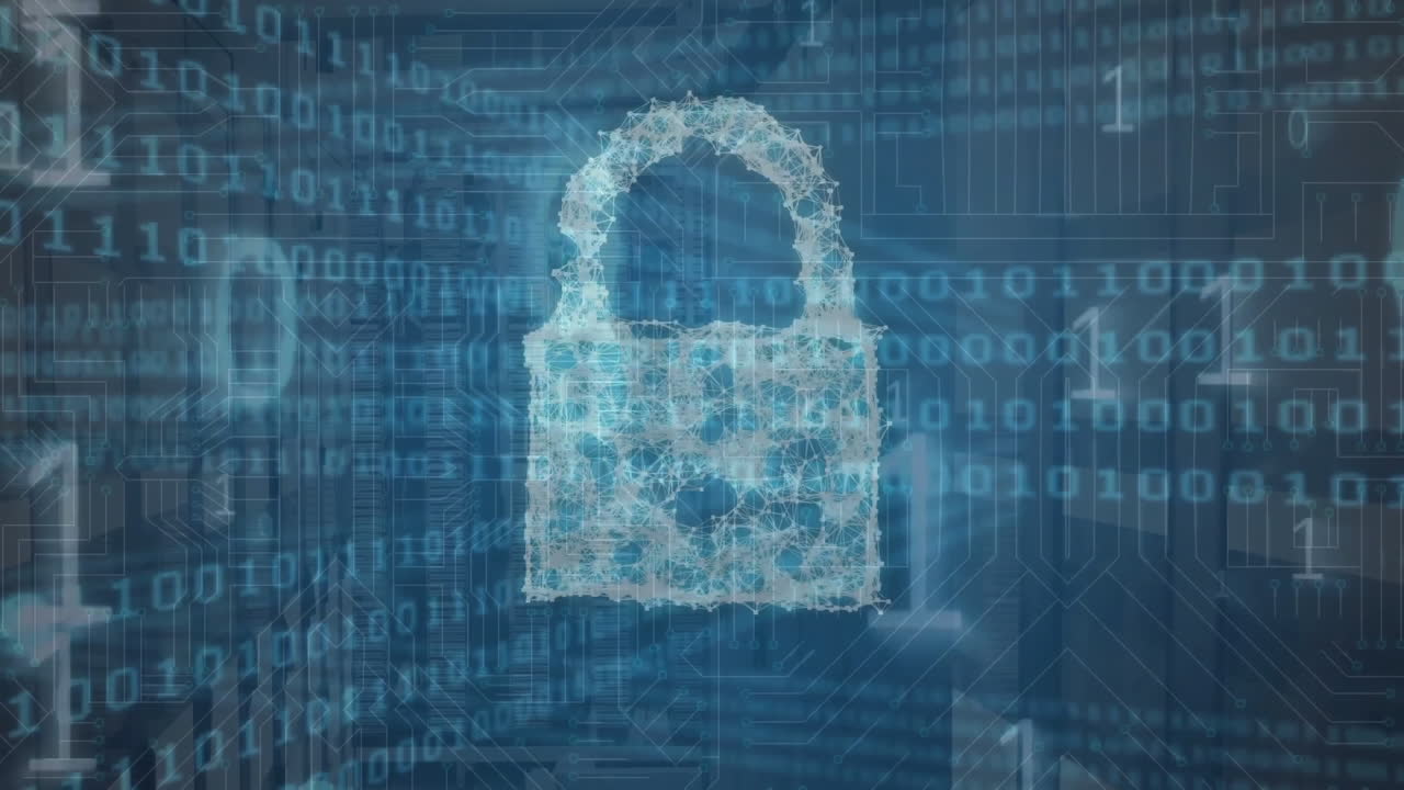 animación de la codificación binaria y el candado sobre la sala del servidor