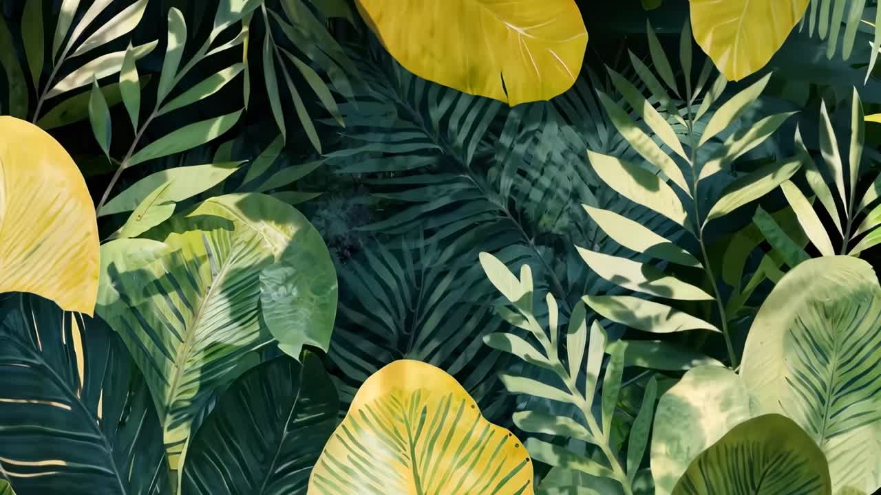 Vista aerea di lussureggianti foglie tropicali in vivaci tonalità di verde e giallo, che creano un'immagine dinamica