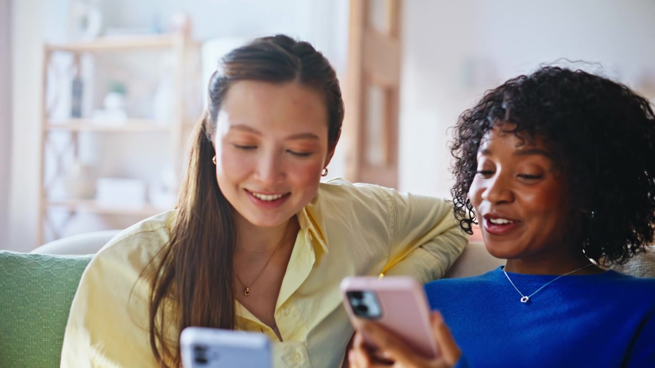 Multiethnic women sharing phone news sofa. Friends reacting laughing home.