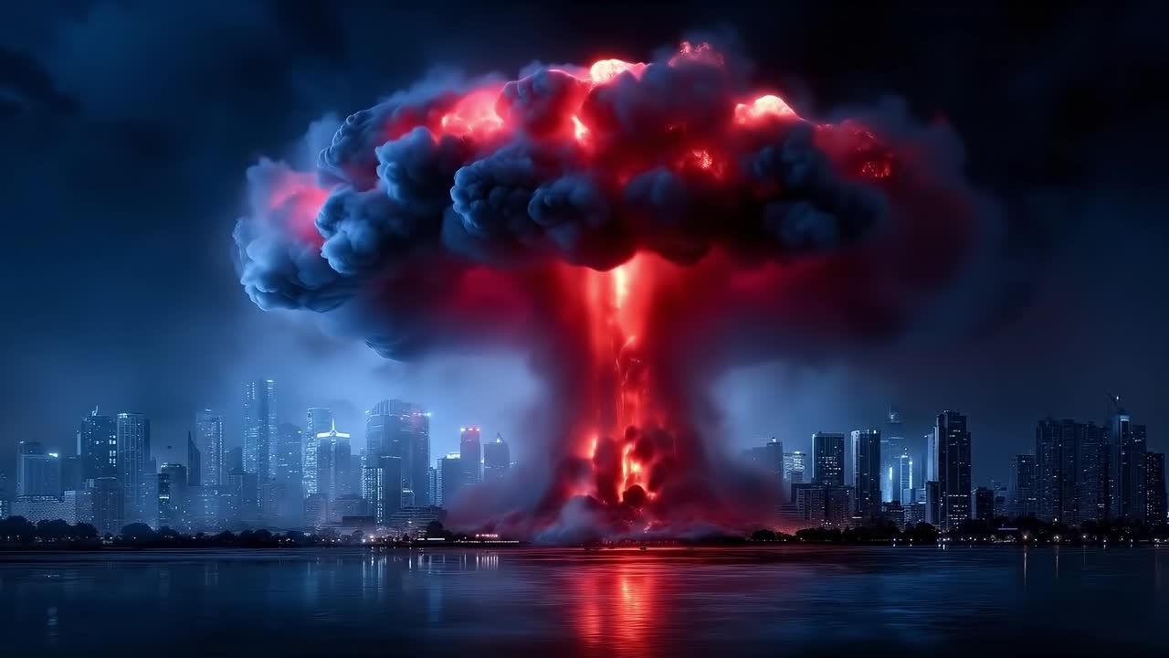 A large mushroom cloud over a city at night
