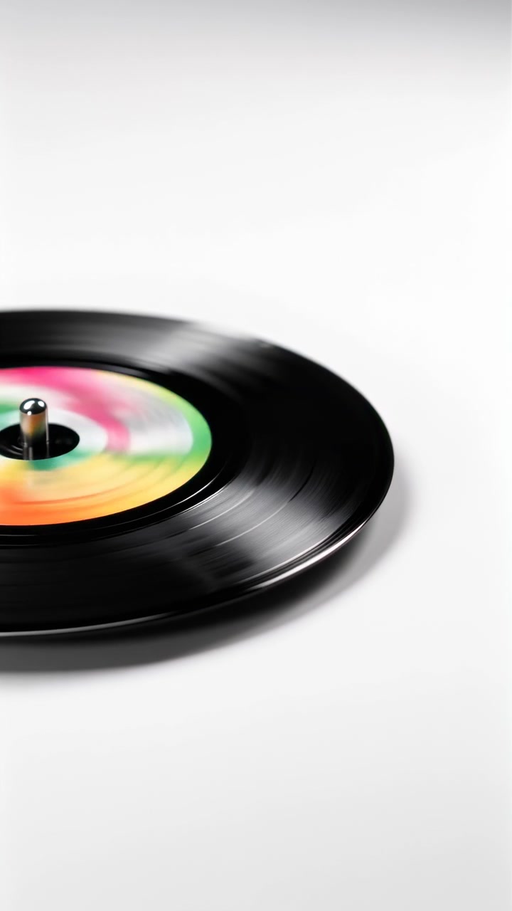 Disco in vinile lucido ruota mentre si muove nell'inquadratura su sfondo bianco con colori vivaci dell'etichetta, illuminazione soffusa, texture riflettente e composizione centrata che evidenzia movimento e forma