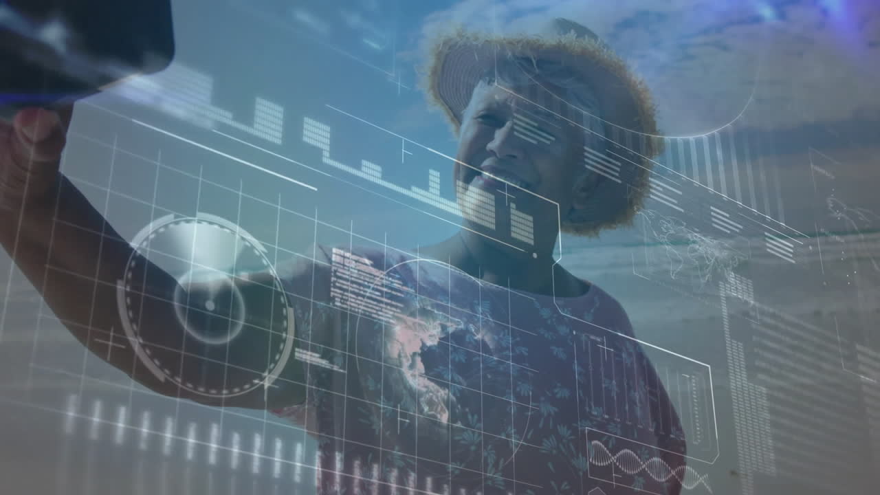 Taking selfie, person with digital data and animation overlaying background