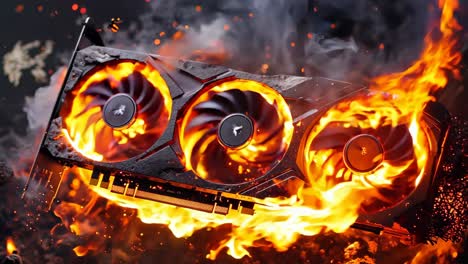 a close up of a video card with flames coming out of it