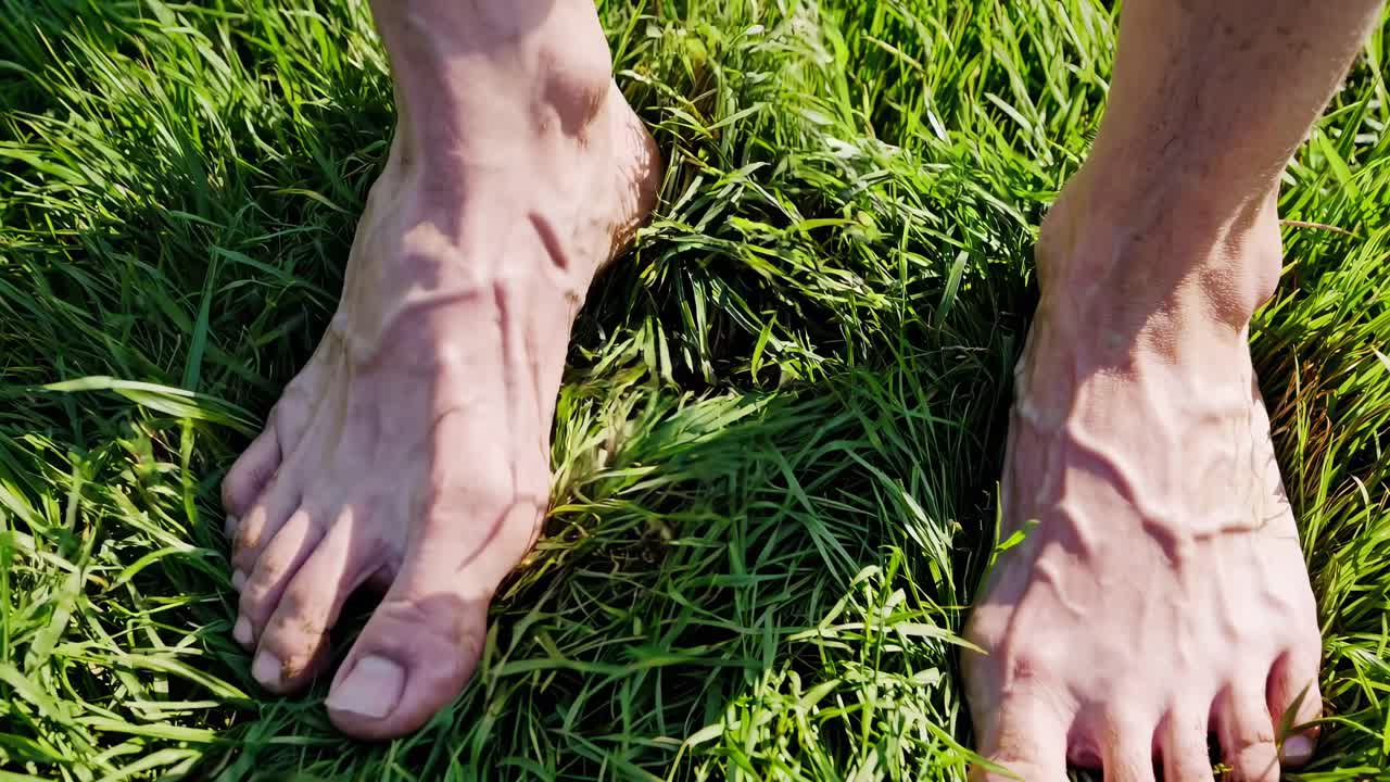 Close-up video shot of bare feet on lush green grass, capturing the texture and natural connection