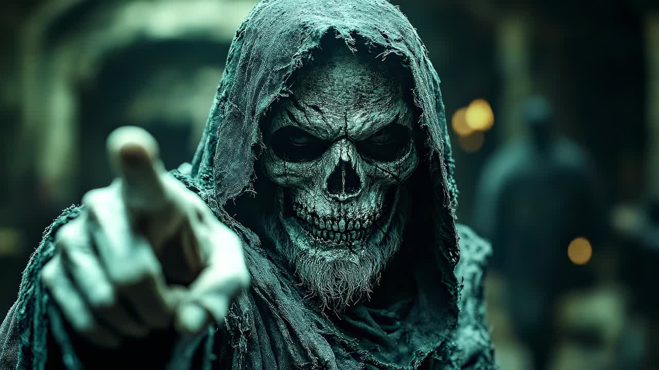 Grim Reaper character pointing finger forward in dark atmosphere. Cinematic shot of a hooded skeletal figure with a weathered skull pointing directly at the camera in a moody setting