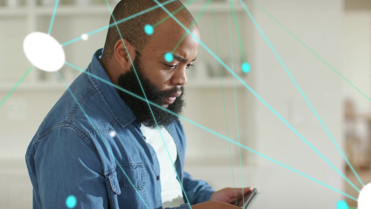 man tapping touchscreen at home, causing white nodes and cyan lines, studying data for technology