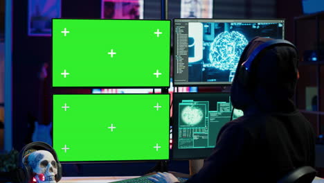desarrollador deshonesto trabajando en una computadora de pantalla verde usando inteligencia artificial