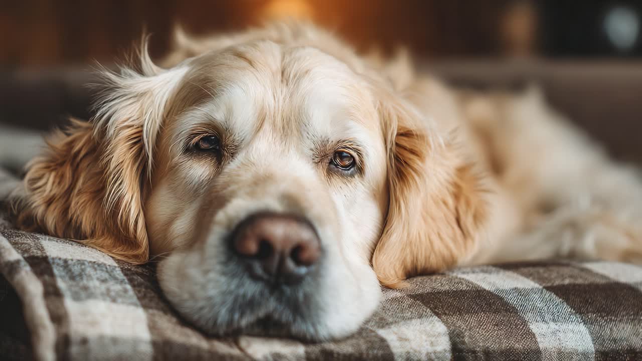 A serene golden retriever rests peacefully on a cozy plaid blanket, its gentle gaze exuding warmth and comfort in a tranquil indoor setting
