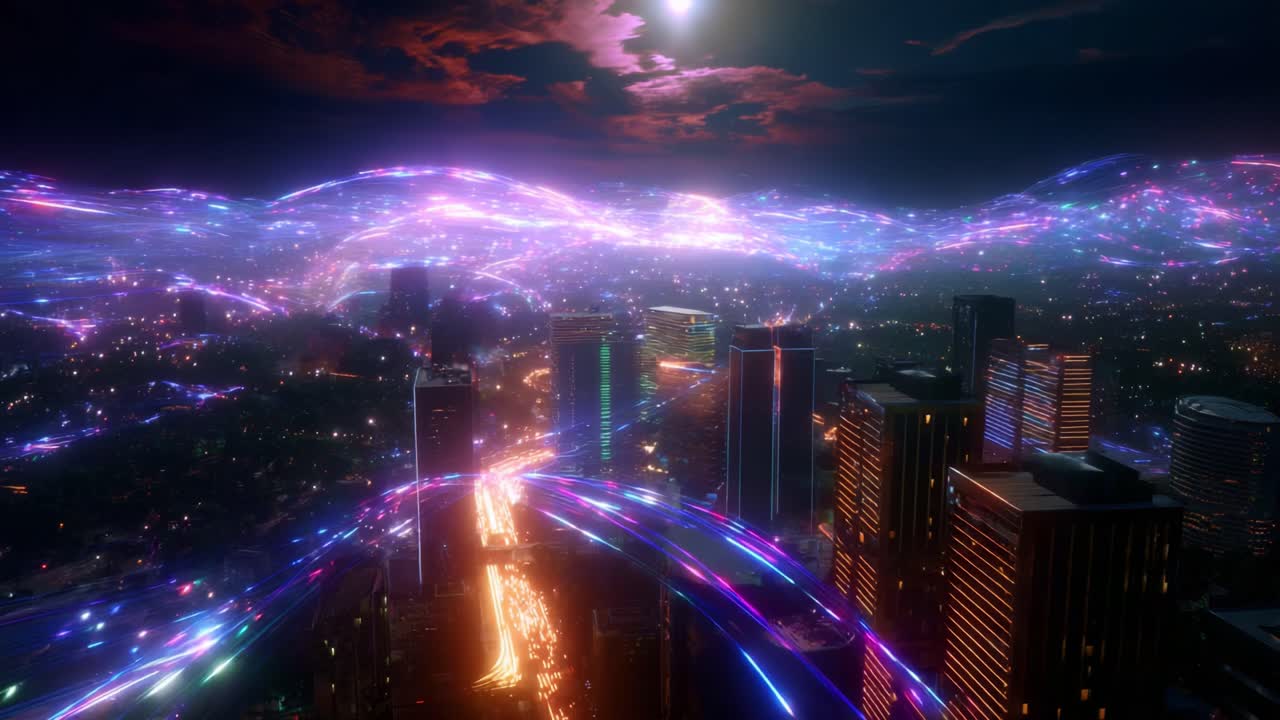 A Stunning Nighttime Cityscape Featuring Vibrant Neon Lights and Dynamic Light Trails Over a Glittering Urban Landscape Under a Dramatic Sky, Capturing the Essence of Modern Metropolis Aesthetic