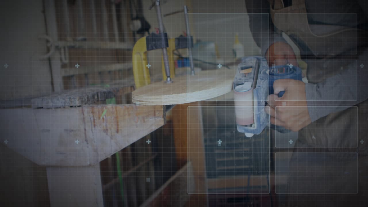 Carpenter engaging blade, guiding saw along marked plank to cut piece, HUD graphics animating