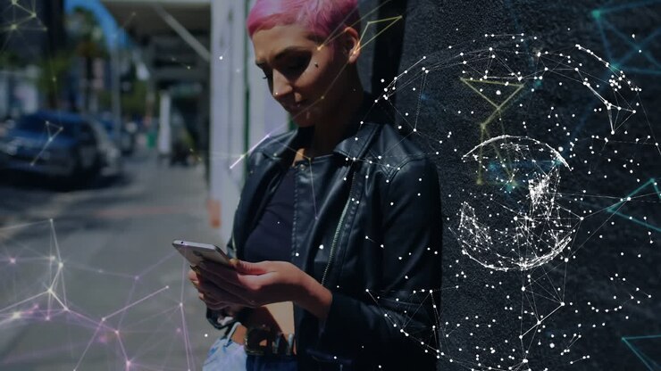Animation of network of digital icons over woman using smartphone