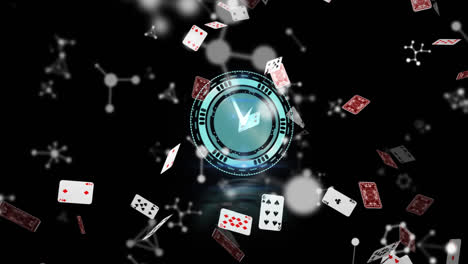 animation of clock with turning hands, over falling playing cards and white networks, on black