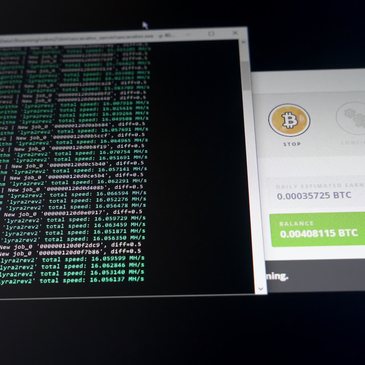 Binary computer code. Mining cryptocurrency process program on display PC. Using software. Share found.