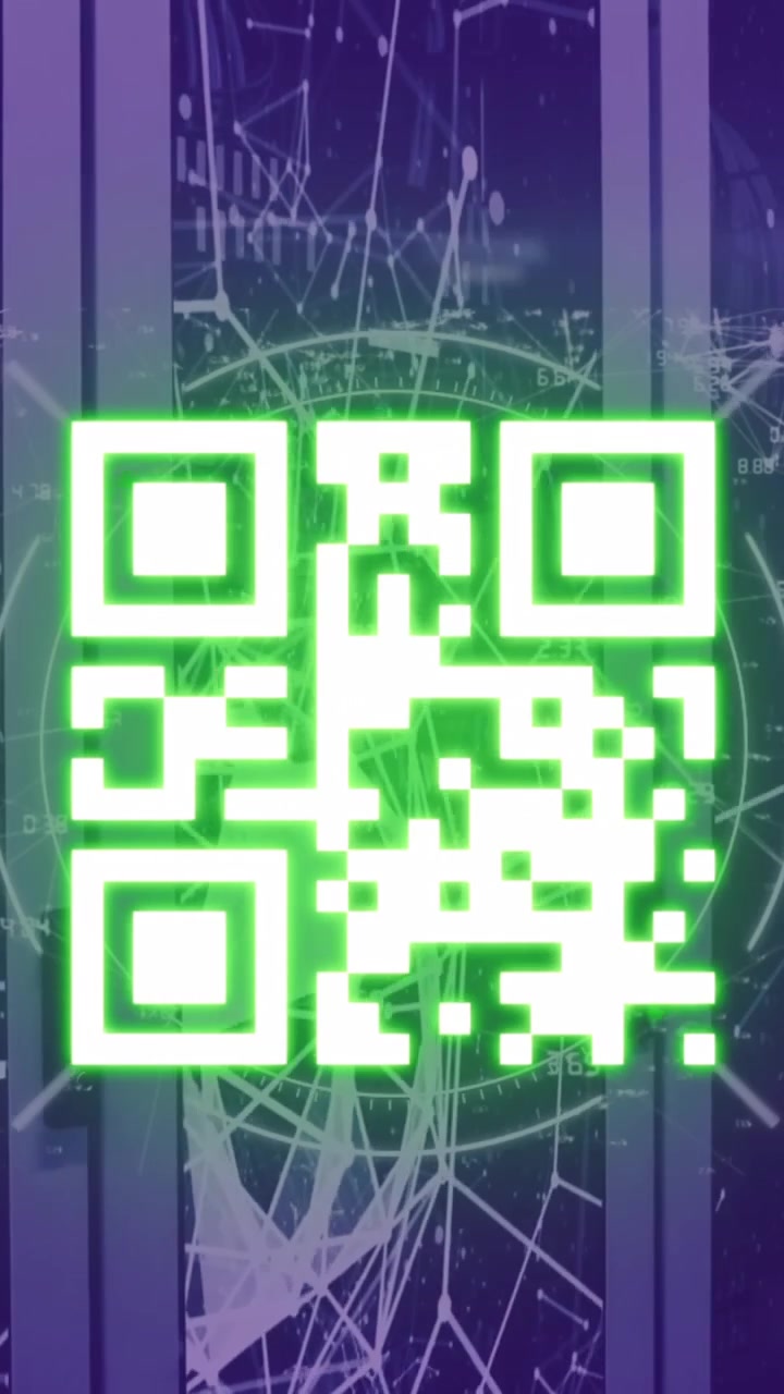 Animation of scope scanning over neon qr code scanner and plexus networks against server room