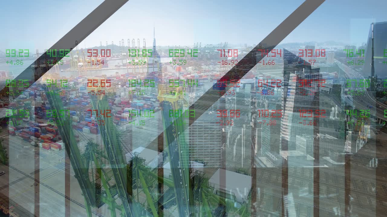 주식 시장과 금융 데이터 처리가 도시 풍경의 공중 전망과 대비됩니다.