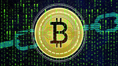 animación del símbolo de bitcoin y la cadena de bloques sobre un fondo negro con letras verdes