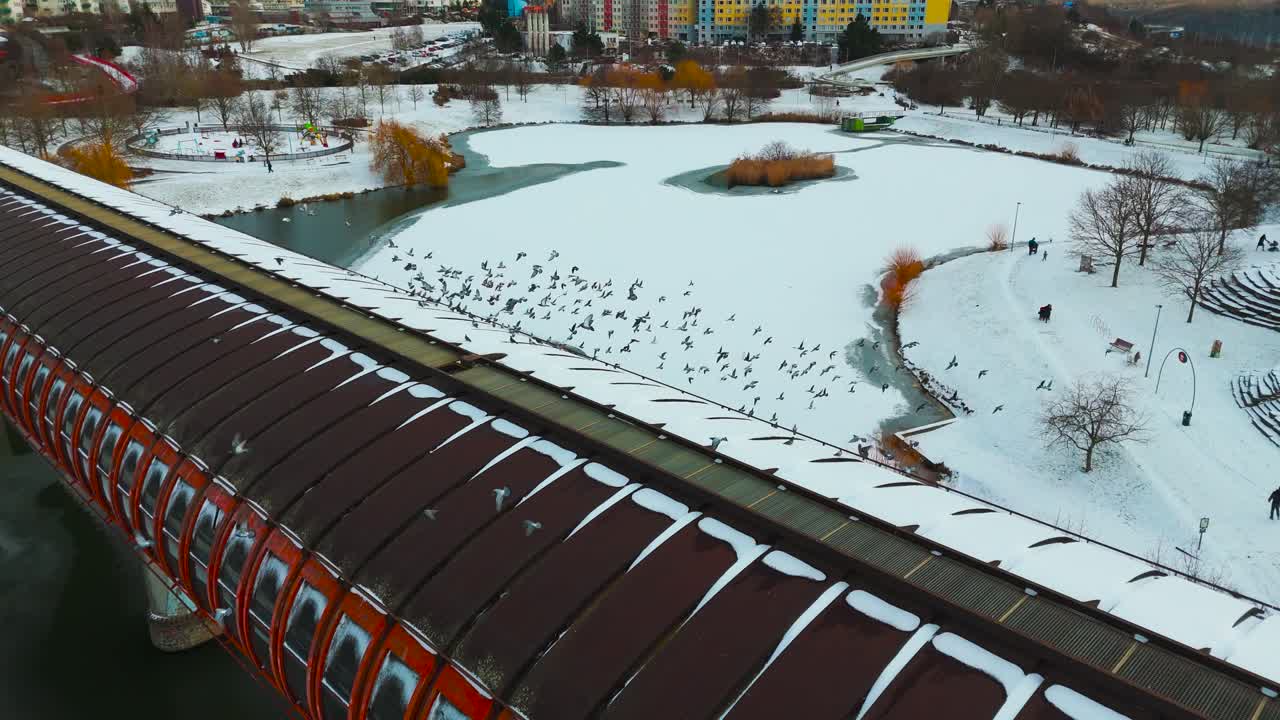 Aerial - birds fly from Hurka Luziny Metro Bridge, snowy park with pond in Prague