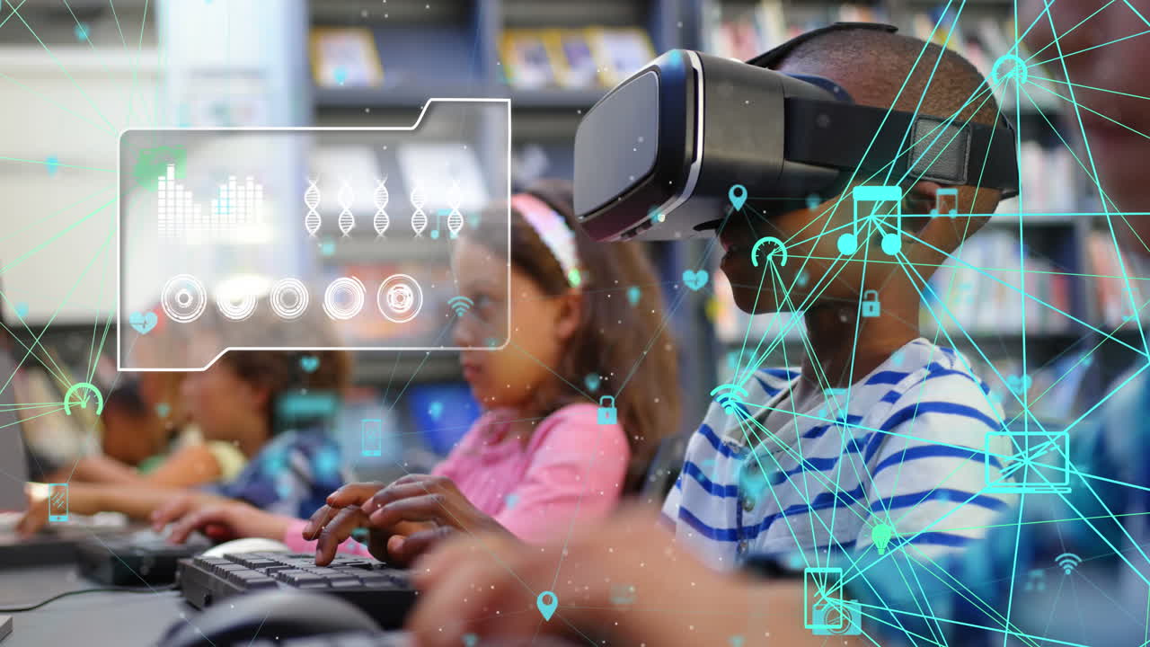 Graphic data over young boy using VR headset.