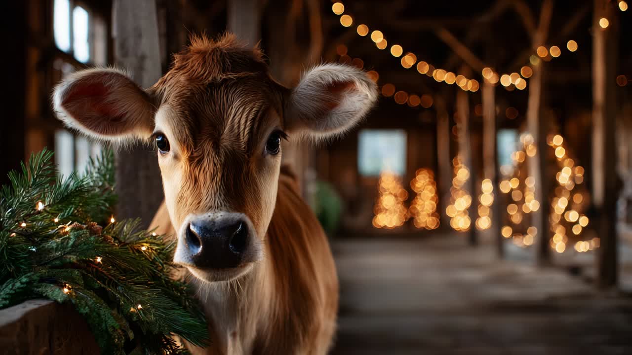 A Charming Cow Graces a Cozy Barn Decorated for the Holiday Season, Surrounded by Glowing Lights and Festive Decorations, Capturing the Essence of Farm Life and Cheerful Celebrations