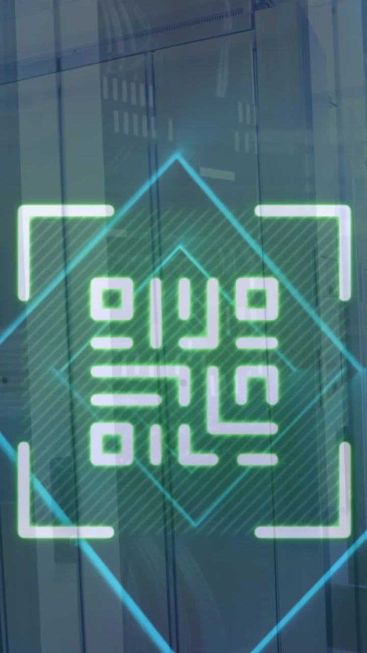 Animation of barcode scanner and glowing blue light trails against computer server room