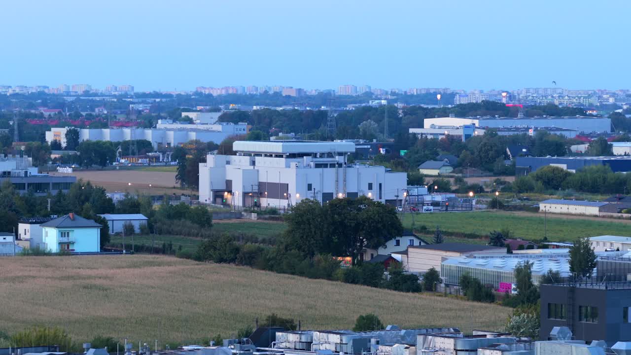 Aerial view of Warsaw with data center in industrial zone foreground