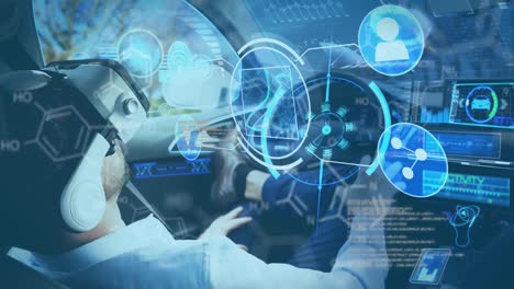 animación de pantallas de información con auriculares man in vr utilizando un coche de conducción autónoma