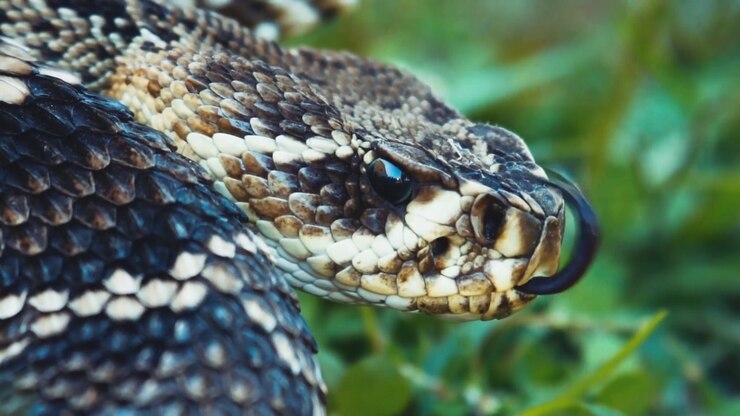 Close de uma cobra imóvel, movendo a língua enquanto respira, sentindo o ambiente com precisão. Perfeito para conteúdo de vida selvagem, natureza e répteis cinematográficos