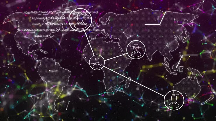 Animazione di una rete di connessioni con icone di persone su una mappa del mondo