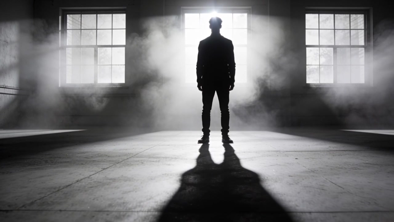 Homem entrando, de casaco e calças, mantendo a posição em estúdio com névoa retroiluminada projetando sombras de janela para uma sessão de fotos.
