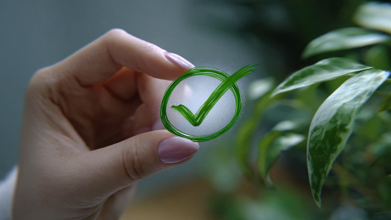 A hand holds a transparent green checkmark symbol against a background of lush green plant leaves, emphasizing the themes of approval and nature coexistence