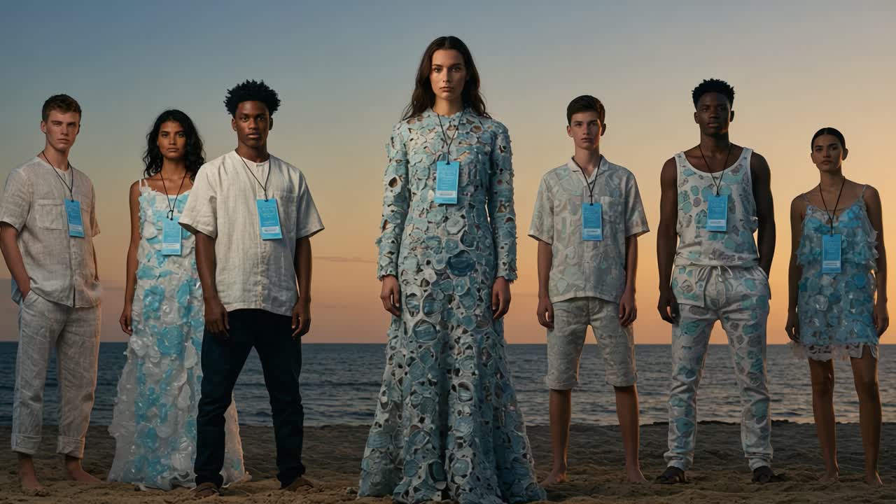 A Captivating Showcase of Contemporary Fashion by a Diverse Group of Models Against a Stunning Sunset at the Beach, Highlighting Unique Textiles and Styles