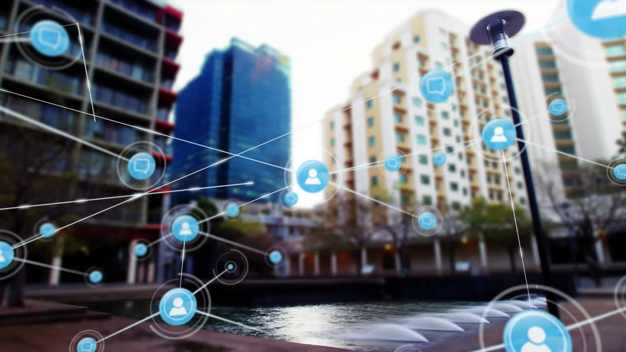 Composição digital de rede de conexões sobre paisagem urbana ao fundo.