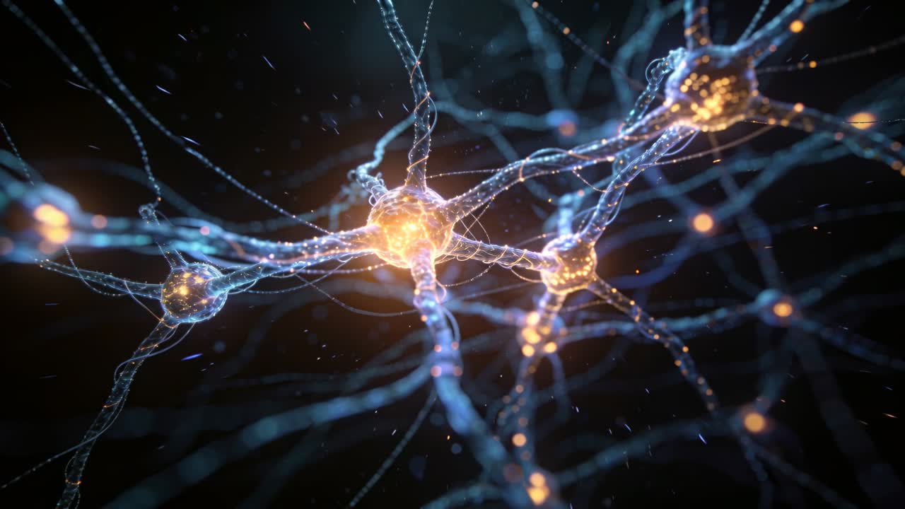 Central cluster of neural somas brightening pulsing along filaments and spreading signal outward