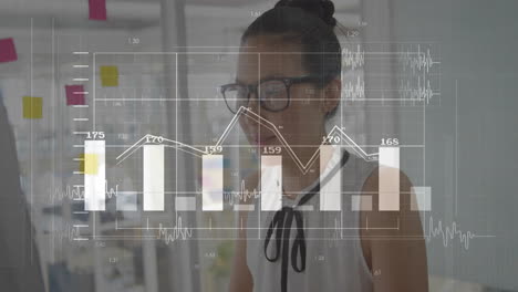 Analyzing data charts and graphs, businesswoman working in modern office